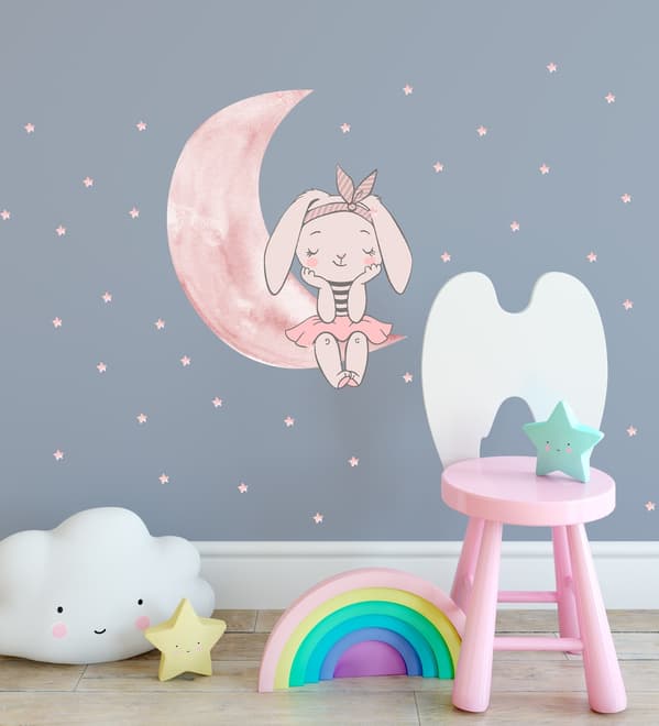 Kinder Wasserfarben Niedlicher Hase und Rosa Mond mit Kleinen Sternen Wandtattoo