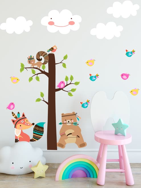 Stickers muraux renard ours arbre oiseaux mignons enfants