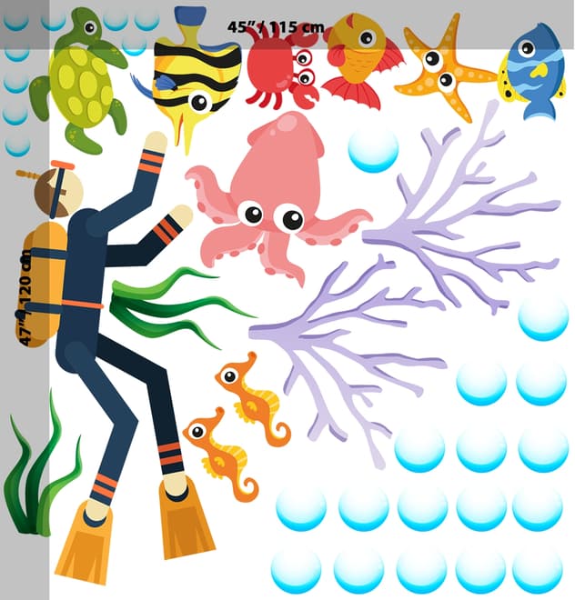 Kids Cartoon Sea Underwater with Fish Man Wall Decal Sticker