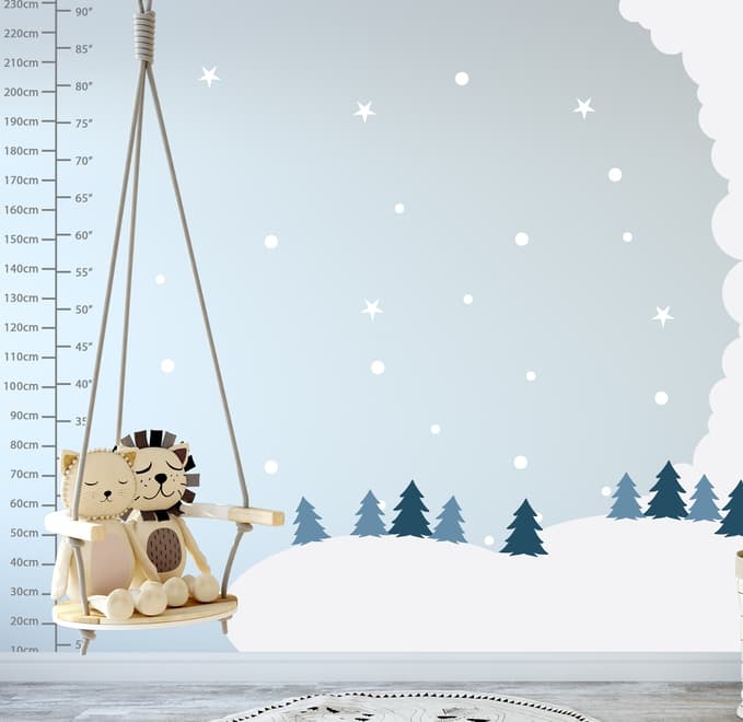 Kids White Winter Landscape with Green Pine Tree Wall Decal Sticker