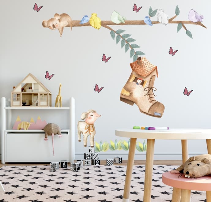 Stickers muraux maison chaussure woodland koala oiseaux enfants