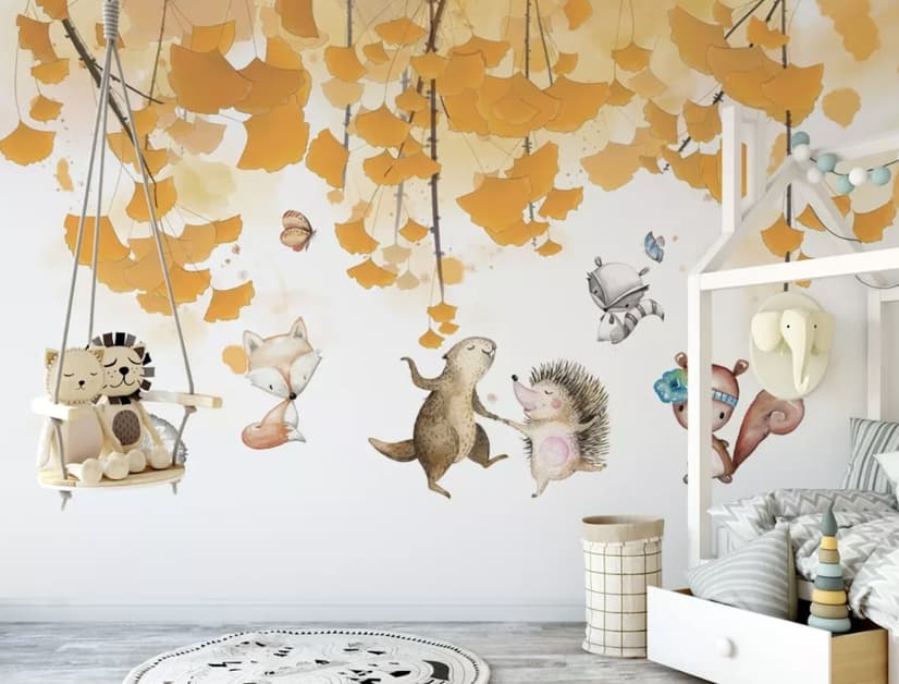 Autumn Leaves with Cartoon Animals Wallpaper Mural