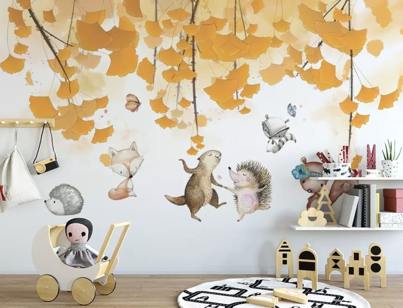 Autumn Leaves with Cartoon Animals Wallpaper Mural