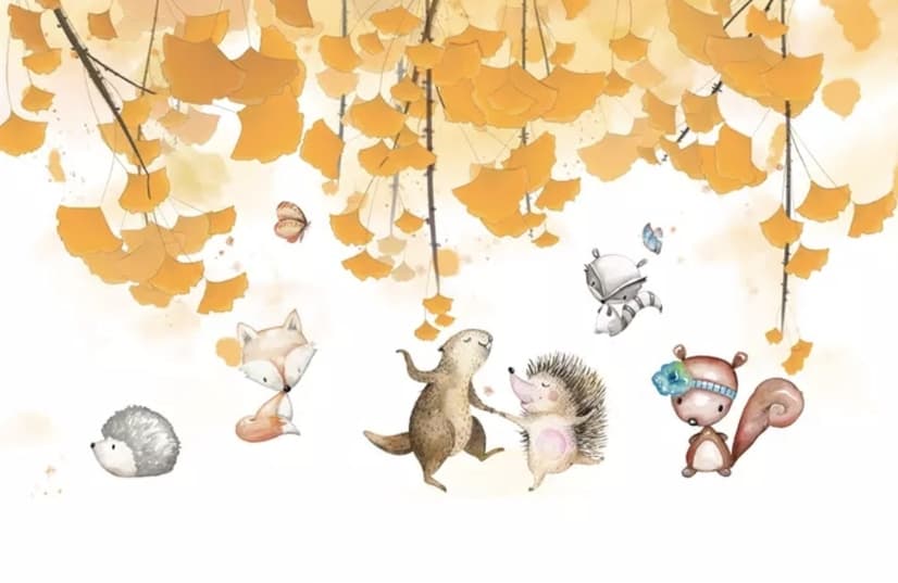 Autumn Leaves with Cartoon Animals Wallpaper Mural