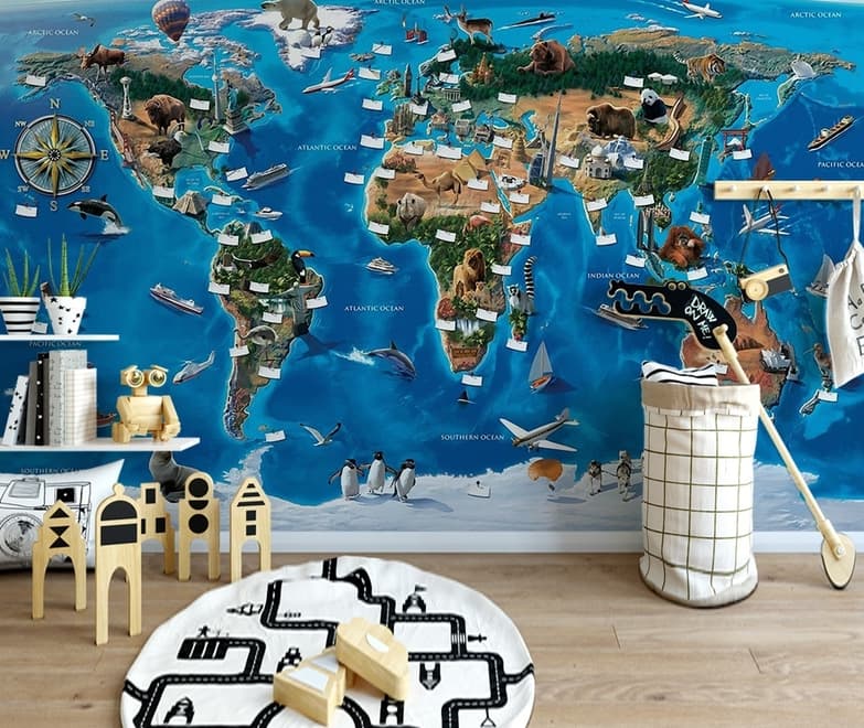 Papier peint panoramique carte du monde 3D avec boussole pour enfants