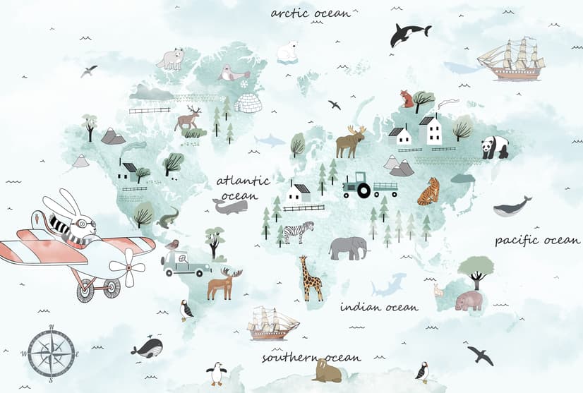 Kids Blue World Map with Cute Animals with Flying Rabbit Wallpaper Mural