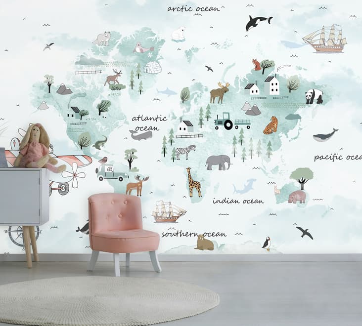 Kids Blue World Map with Cute Animals with Flying Rabbit Wallpaper Mural
