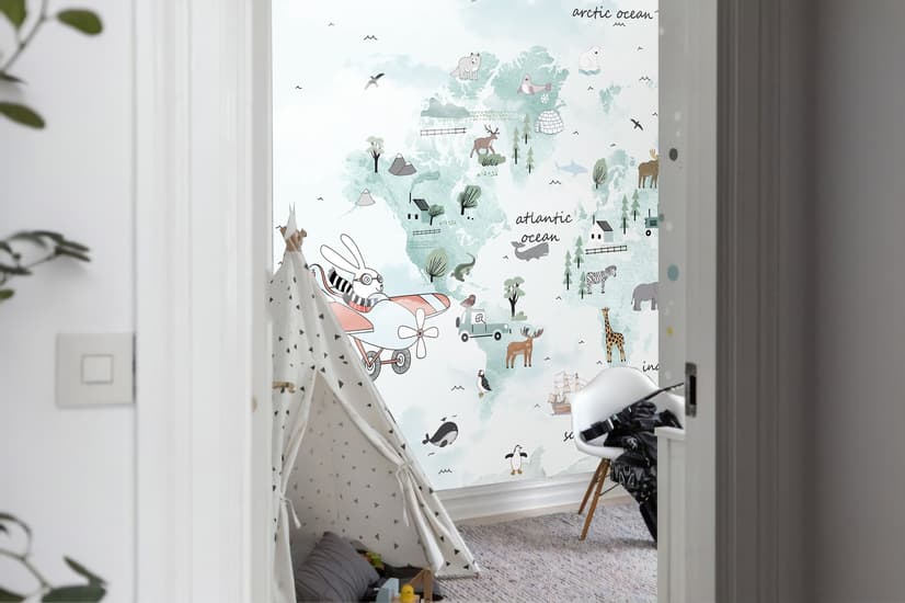 Kids Blue World Map with Cute Animals with Flying Rabbit Wallpaper Mural