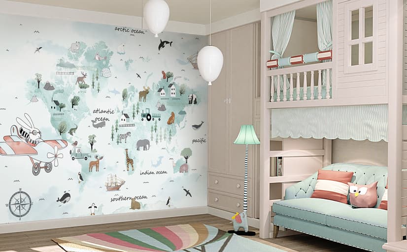 Kids Blue World Map with Cute Animals with Flying Rabbit Wallpaper Mural