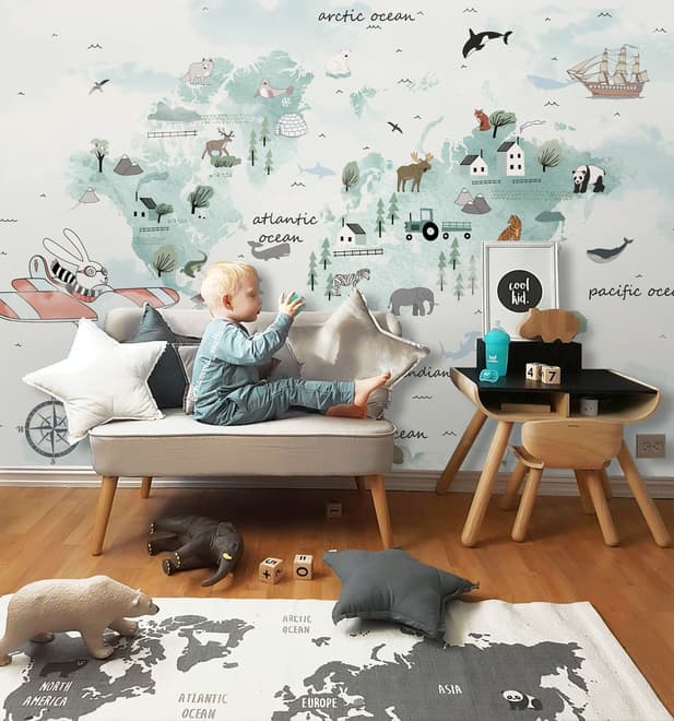Kids Blue World Map with Cute Animals with Flying Rabbit Wallpaper Mural