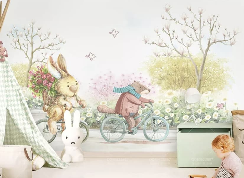 Papier peint panoramique ours de dessin animé dans le jardin fleuri