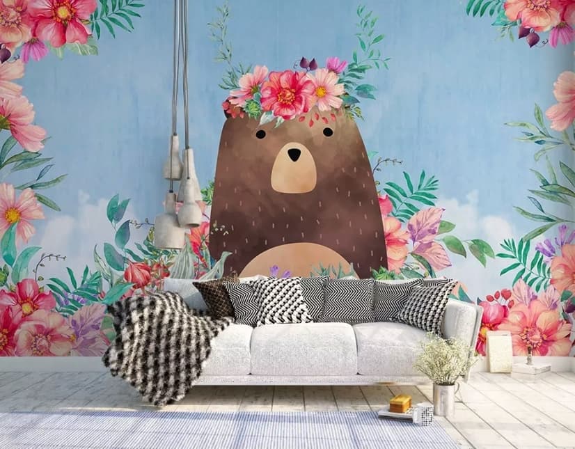 Papier peint panoramique de l'ours en peluche fleuri