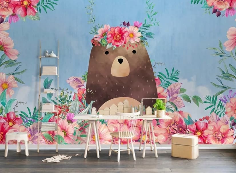 Flowery Cartoon Bear Wallpaper Mural