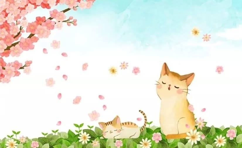 Cherry Blossom and Cartoon Cats Wallpaper Mural