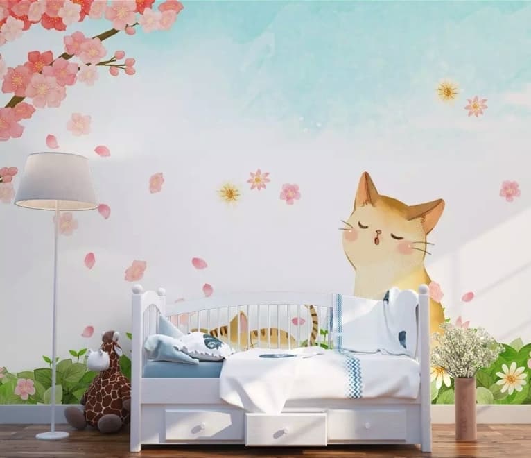 Cherry Blossom and Cartoon Cats Wallpaper Mural