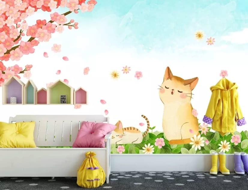 Cherry Blossom and Cartoon Cats Wallpaper Mural