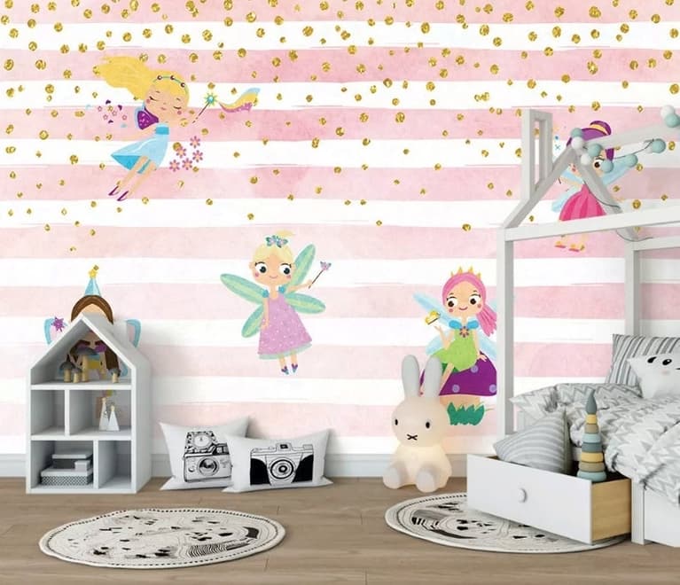 Kids Cartoon Fairy with Stripe Pattern Wallpaper Mural