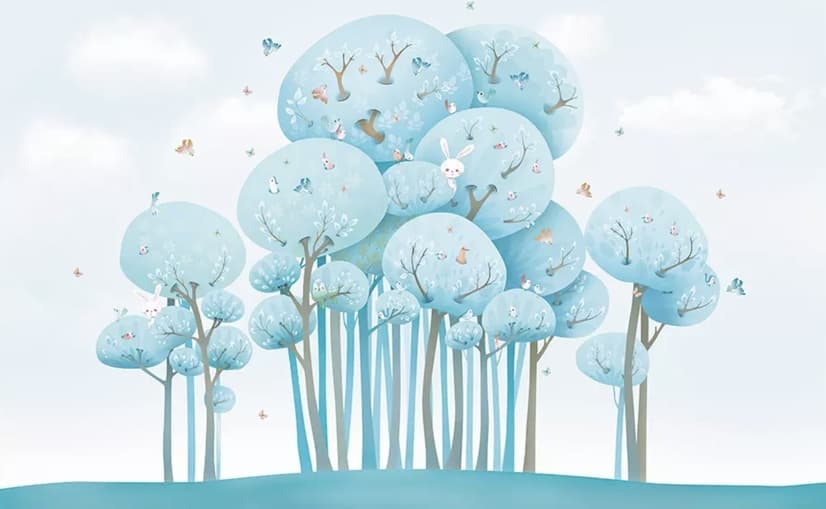 Watercolor Cartoon Blue Forest Landscape Wallpaper Mural