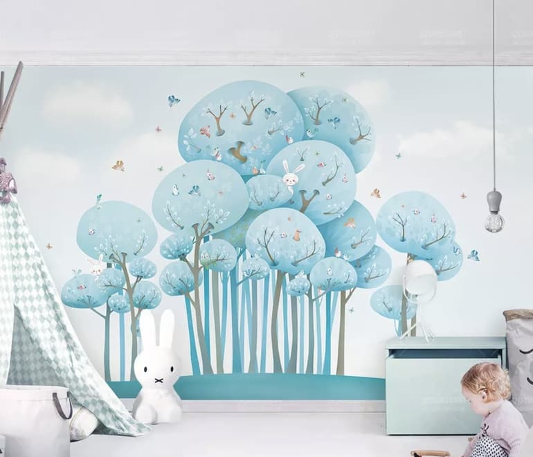 Watercolor Cartoon Blue Forest Landscape Wallpaper Mural