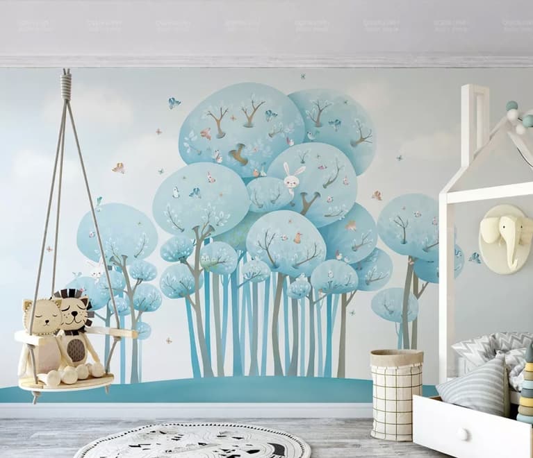 Watercolor Cartoon Blue Forest Landscape Wallpaper Mural