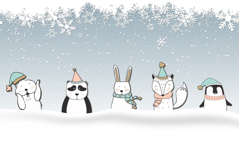 Cartoon Fox and Panda Winter Animals Wallpaper Mural