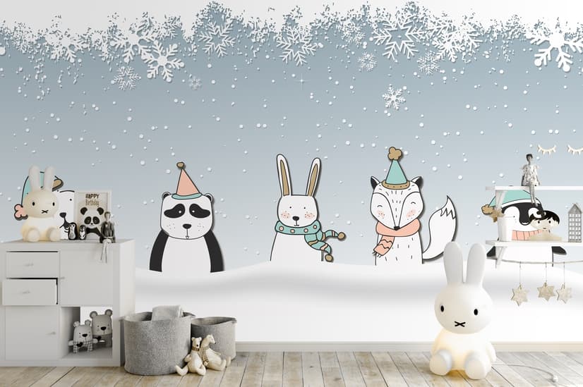 Cartoon Fox and Panda Winter Animals Wallpaper Mural