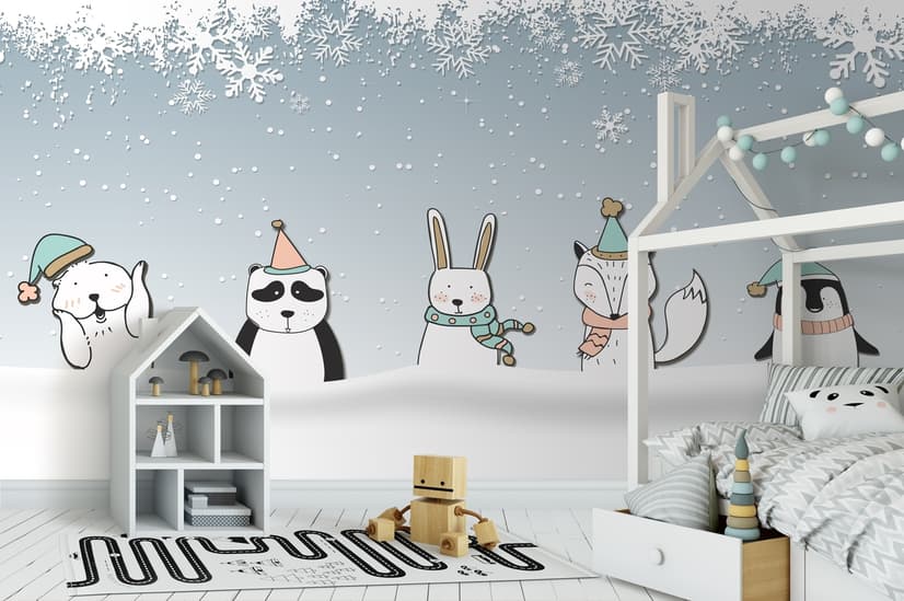 Cartoon Fox and Panda Winter Animals Wallpaper Mural