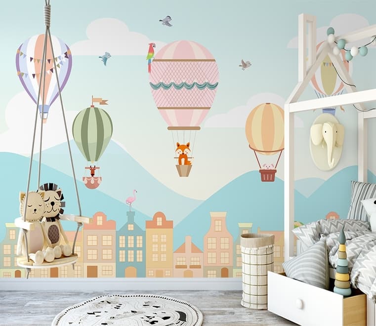 Kids Hot Air Balloon and Little House Wallpaper Mural
