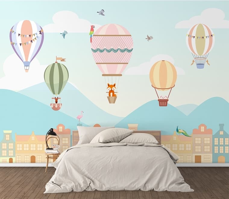 Papier peint panoramique des enfants, de la montgolfière et de la petite maison