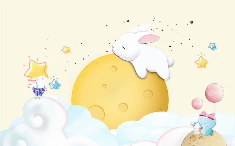 Baby Cartoon Rabbit and Yellow Moon Wallpaper Mural