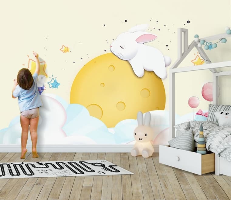 Baby Cartoon Rabbit and Yellow Moon Wallpaper Mural