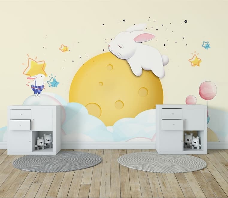 Baby Cartoon Rabbit and Yellow Moon Wallpaper Mural