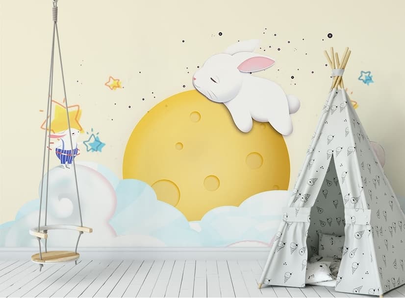 Baby Cartoon Rabbit and Yellow Moon Wallpaper Mural