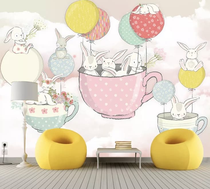 Papier peint panoramique lapins volants dans les tasses avec ballons