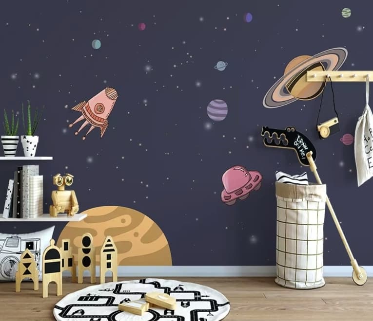 Papier peint panoramique espace cartoon avec planètes en aquarelle