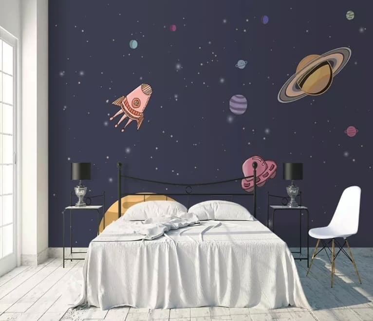 Papier peint panoramique espace cartoon avec planètes en aquarelle