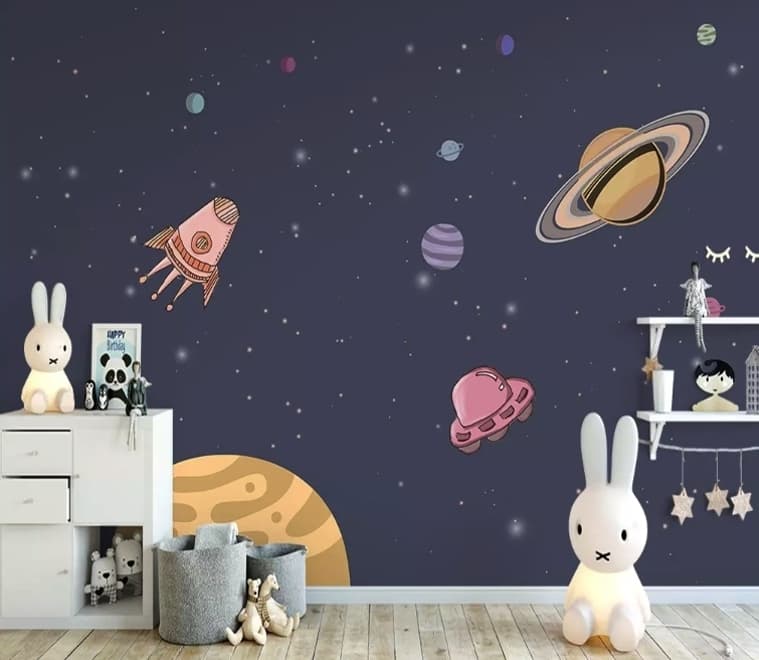 Papier peint panoramique espace cartoon avec planètes en aquarelle