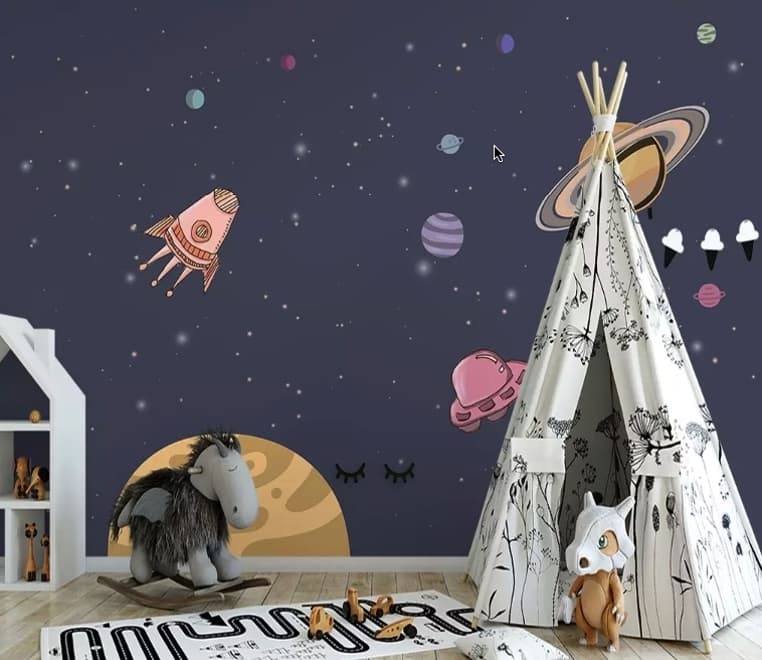 Papier peint panoramique espace cartoon avec planètes en aquarelle