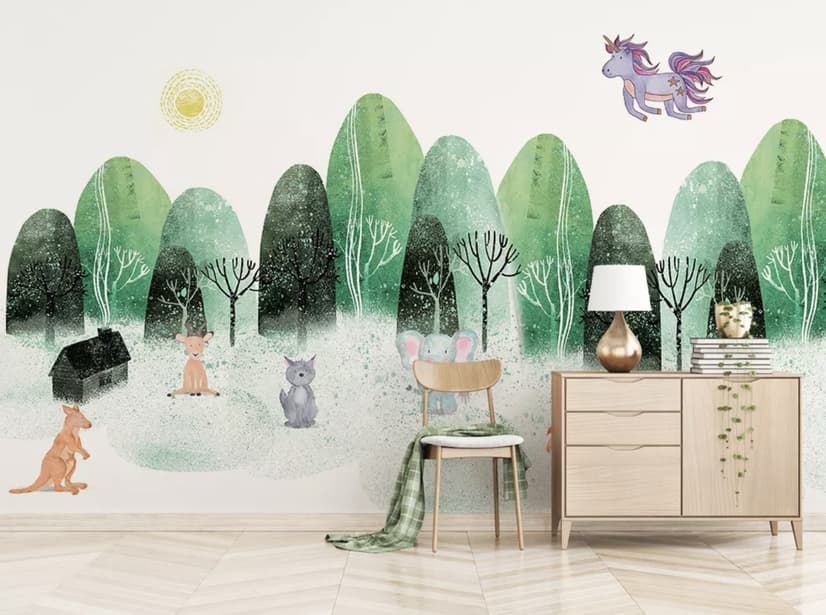 Aquarell Cartoon Bäume und Tiere Fototapete