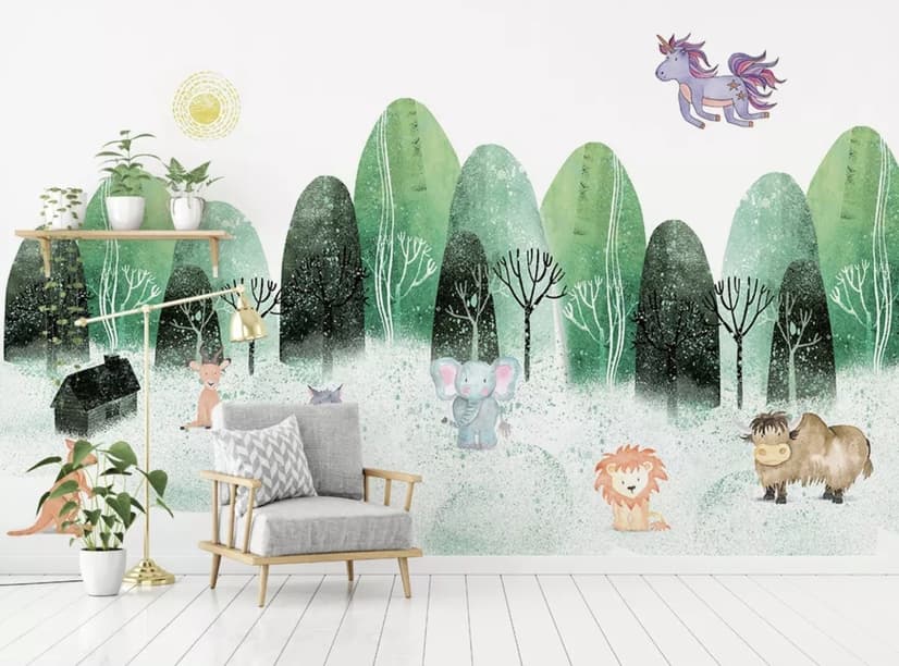 Watercolor Cartoon Trees and Animals Wallpaper Mural