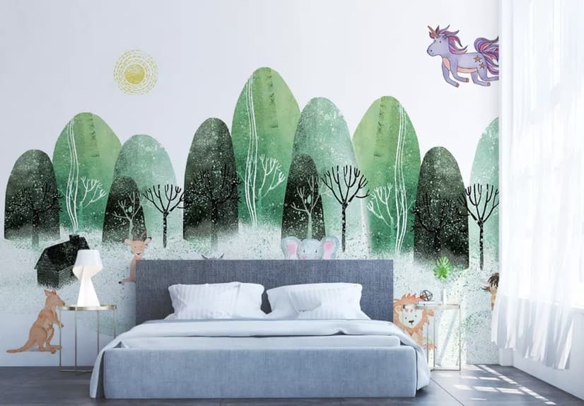 Watercolor Cartoon Trees and Animals Wallpaper Mural