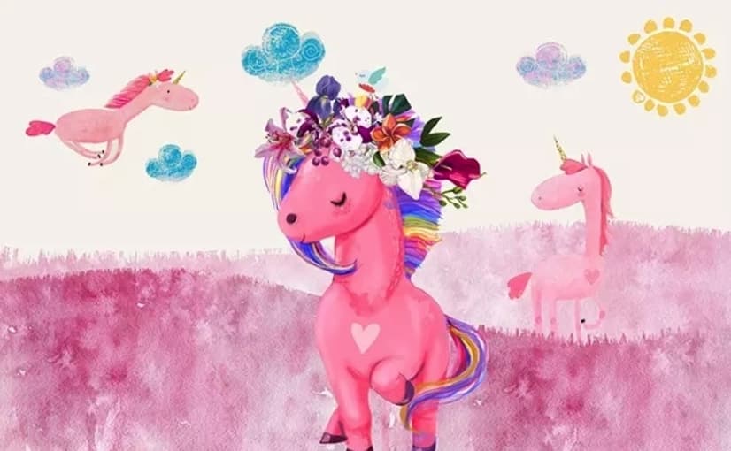 Cartoon Pink Unicorn Drawing Art Wallpaper Mural