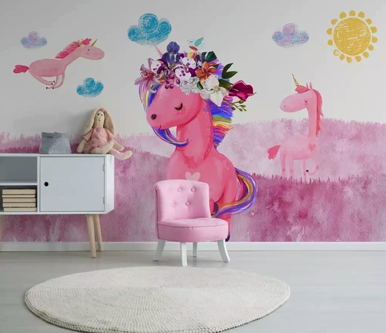 Papier peint panoramique licorne rose dessin animé