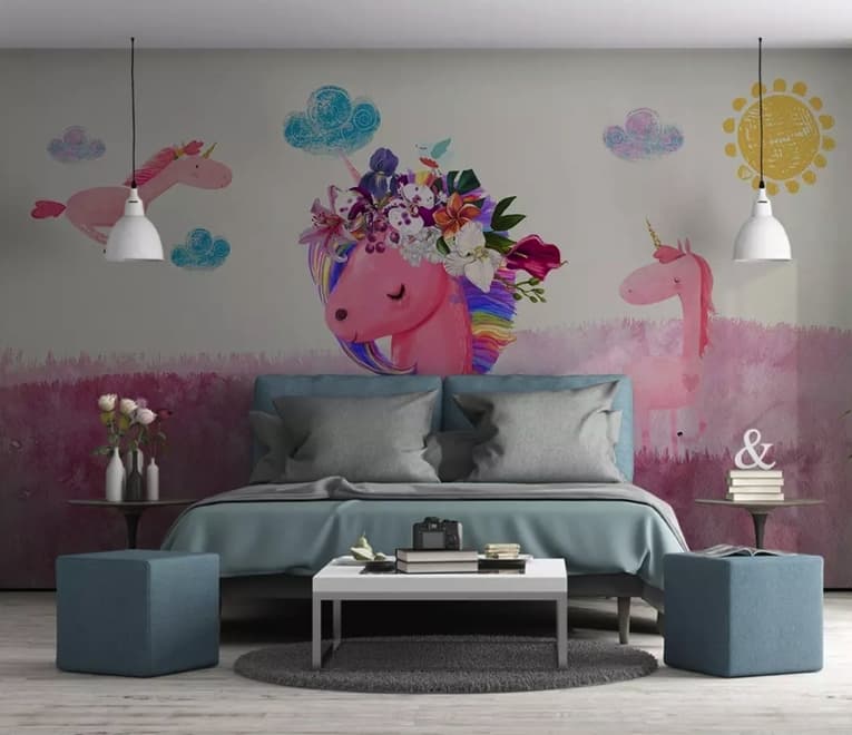 Cartoon Pink Unicorn Drawing Art Wallpaper Mural