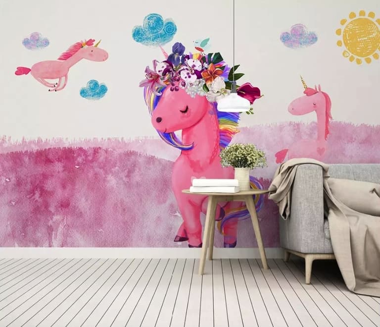 Cartoon Pink Unicorn Drawing Art Wallpaper Mural