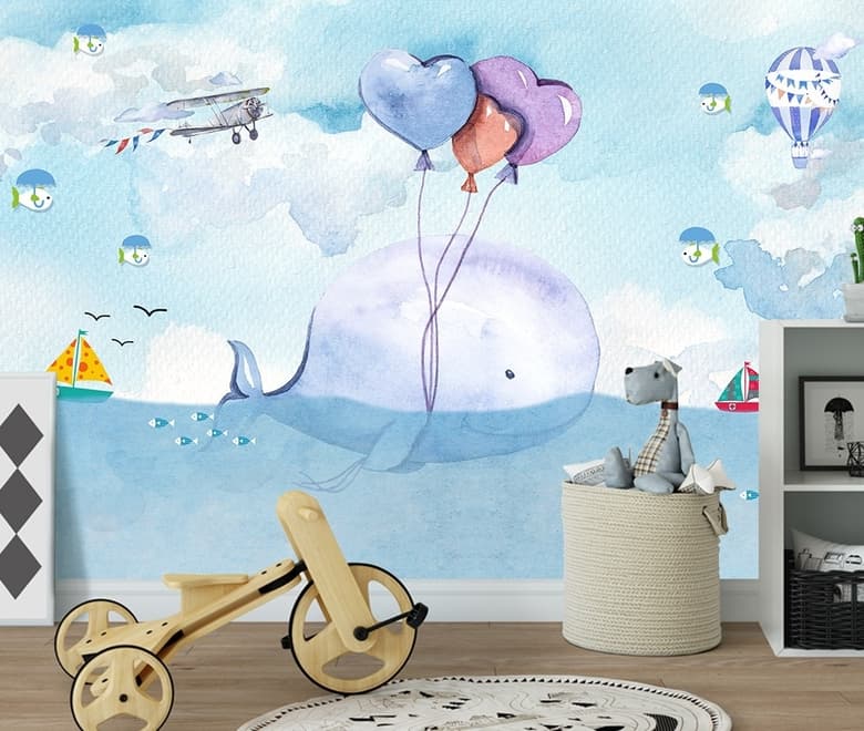 Cartoon Whale Sea Landscape Wallpaper Mural