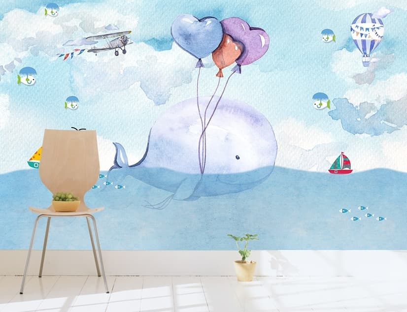 Cartoon Whale Sea Landscape Wallpaper Mural