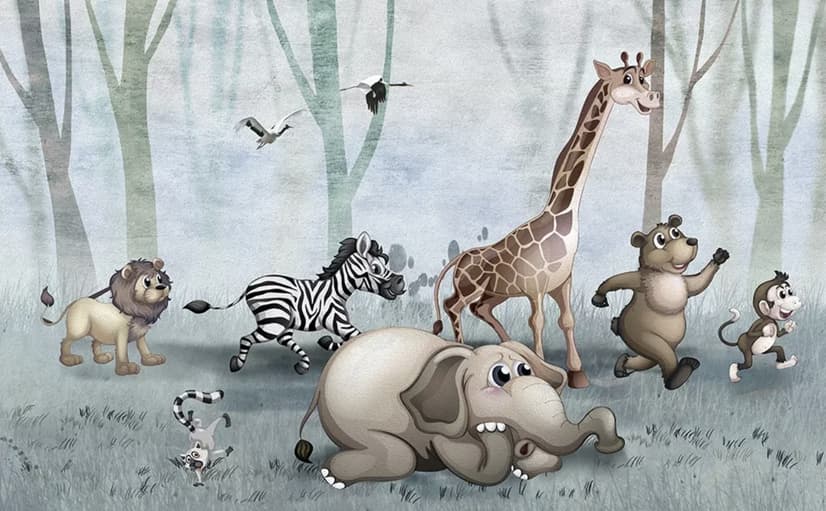 Cartoon Wild Animals and Forest Wallpaper Mural