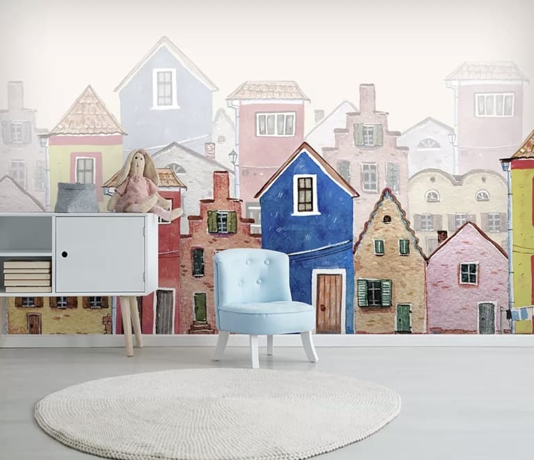 Aquarell Cartoon Stadt Straßenszene Fototapete