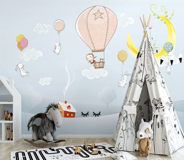 Cartoon Winterscape and Rabbit Flying Wallpaper Mural